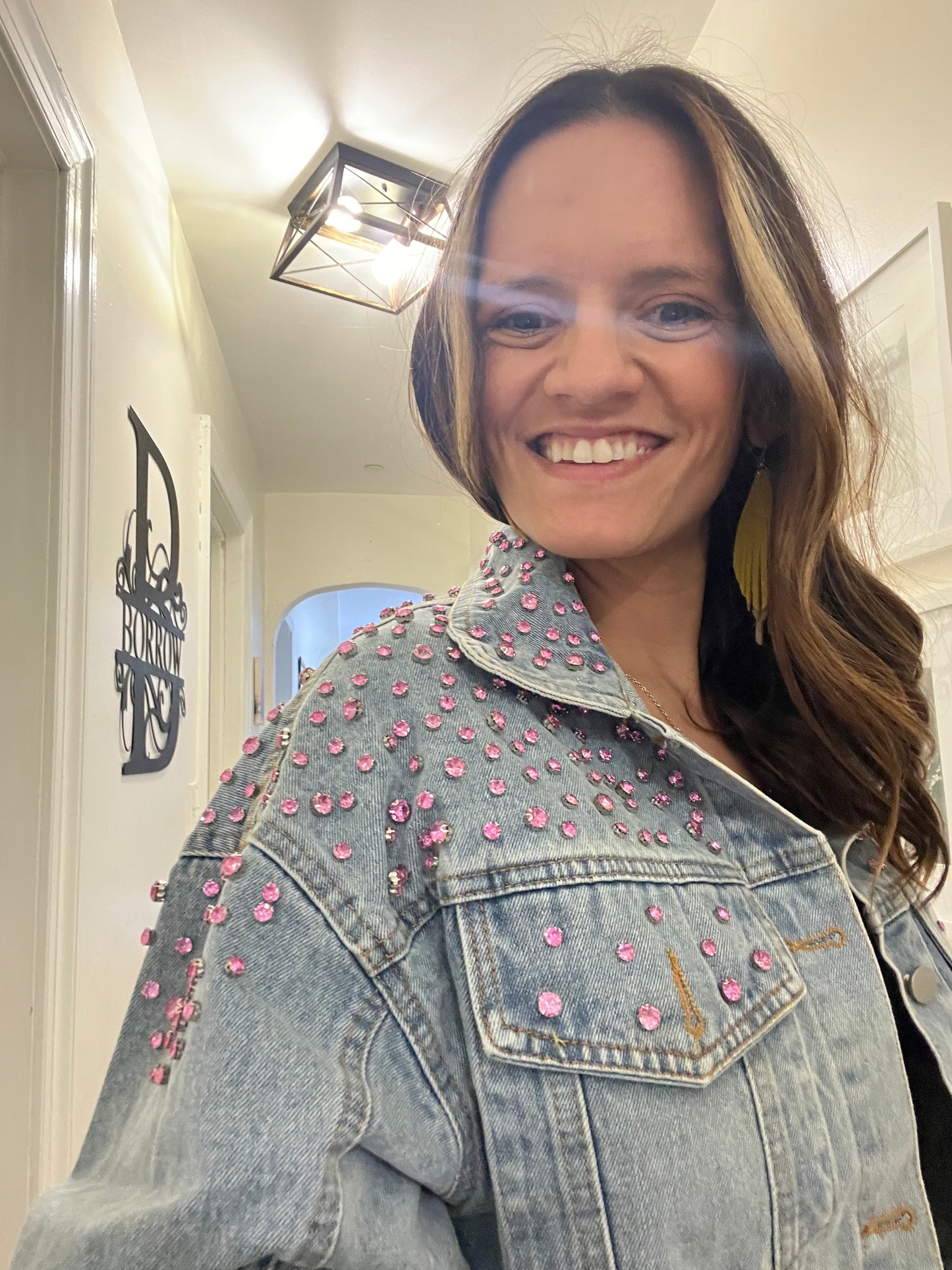 Pink Embellished Gem Studded Denim Jacket