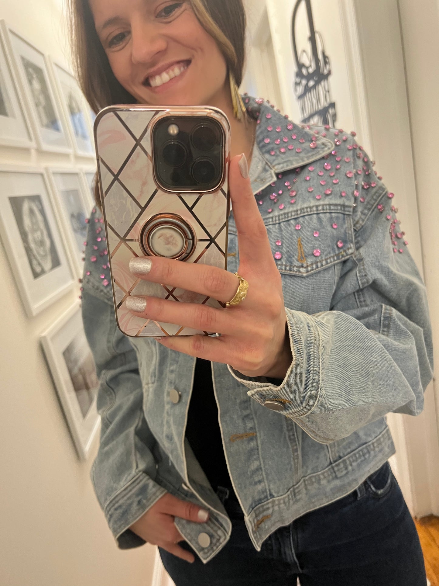 Pink Embellished Gem Studded Denim Jacket