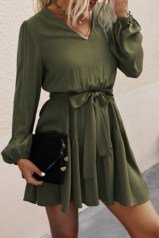 V-Neck Long Sleeve Belted Dress