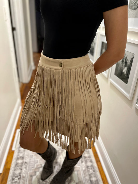 Wyld Fringe Skirt-Beige