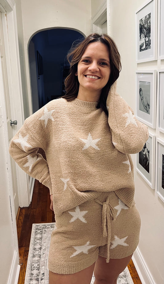 Taupe with white stars- Sherpa Pajamas
