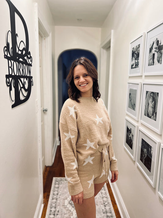 Taupe with white stars- Sherpa Pajamas